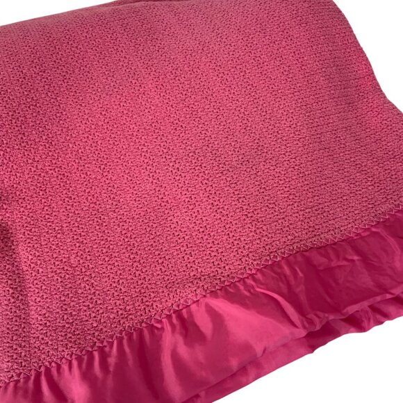 Vintage Cotton Waffle Weave Blanket With Satin Trim Dark Pink Twin Size - Picture 1 of 6